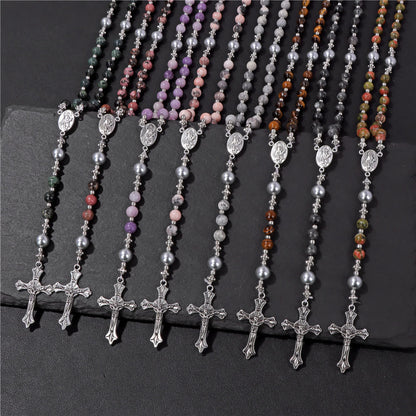 AMUSOUL Natural Stone & Pearl Miraculous Medal Prayer Rosary