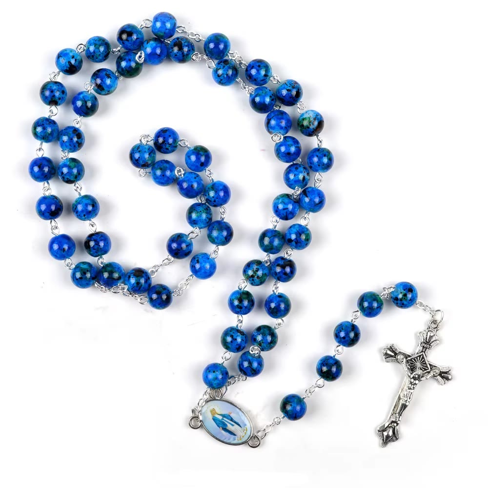 AMUSOUL  Assumption of Our Lady & Pardon Crucifix of 6 mm Round Blue Natural Stone Alloy Chain Rosary