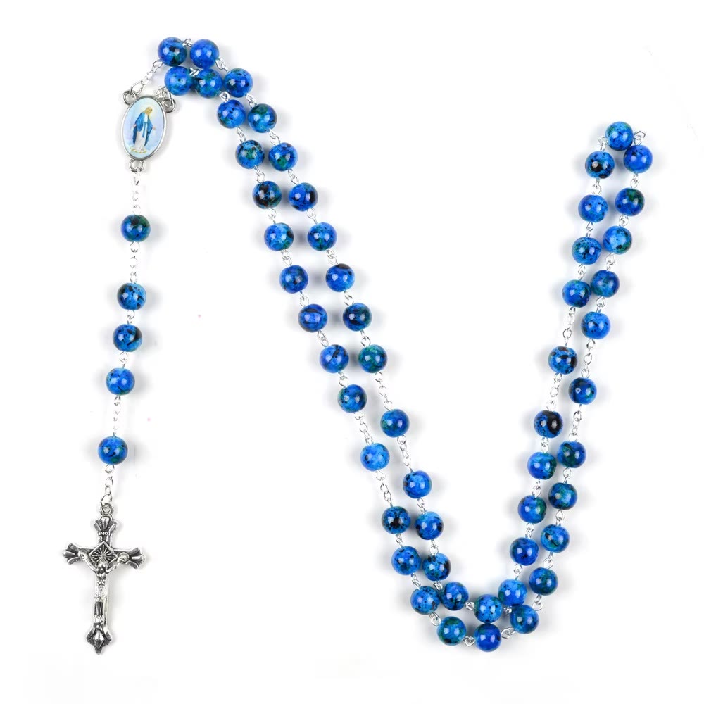 AMUSOUL  Assumption of Our Lady & Pardon Crucifix of 6 mm Round Blue Natural Stone Alloy Chain Rosary