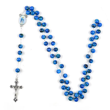 AMUSOUL  Assumption of Our Lady & Pardon Crucifix of 6 mm Round Blue Natural Stone Alloy Chain Rosary