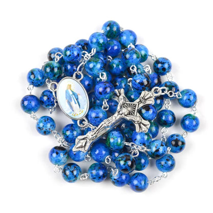AMUSOUL  Assumption of Our Lady & Pardon Crucifix of 6 mm Round Blue Natural Stone Alloy Chain Rosary