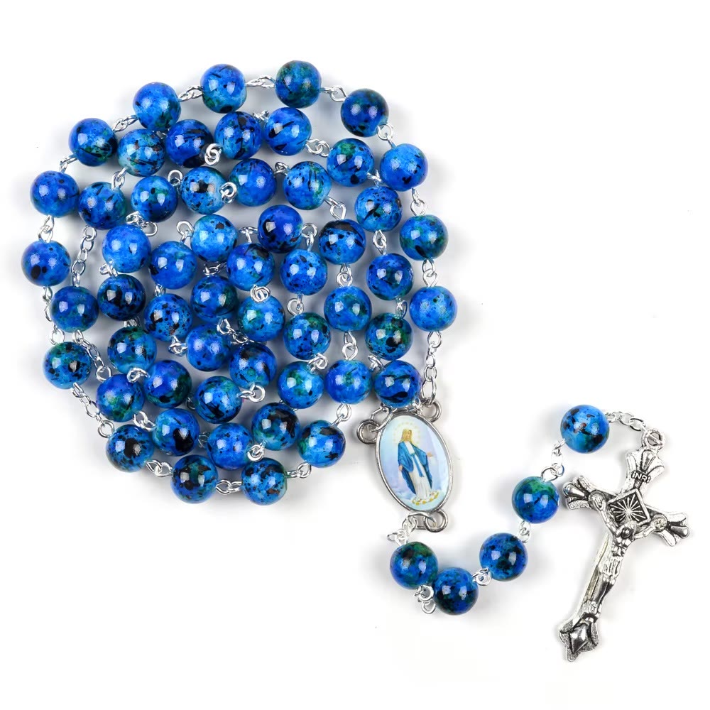 AMUSOUL  Assumption of Our Lady & Pardon Crucifix of 6 mm Round Blue Natural Stone Alloy Chain Rosary