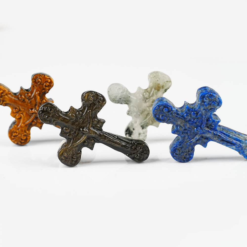 AMUSOUL  Natural Stone Tiger Eye Labradorite Obsidian Lapis Lazuli Scrollwork Crucifix Adornments