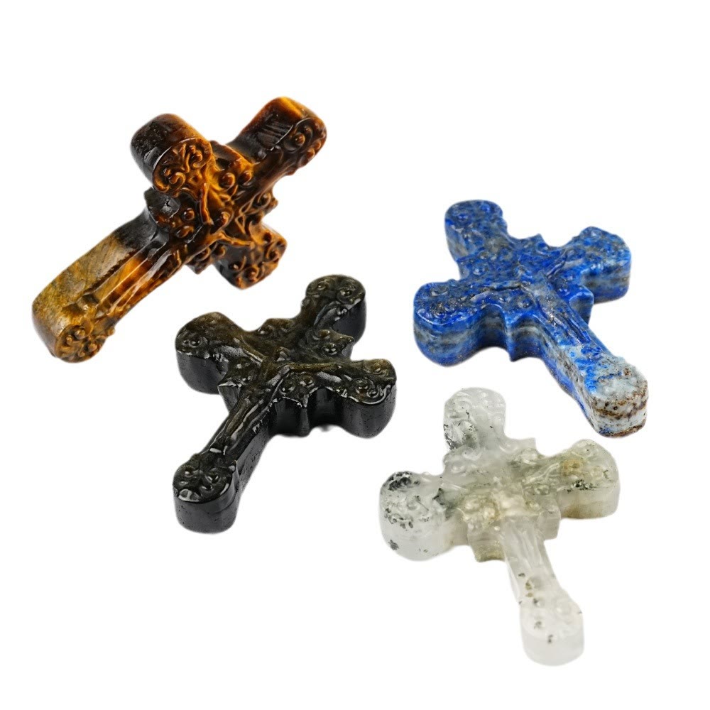 AMUSOUL  Natural Stone Tiger Eye Labradorite Obsidian Lapis Lazuli Scrollwork Crucifix Adornments