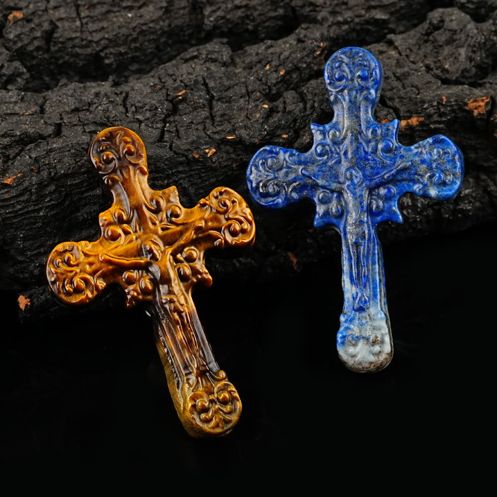 AMUSOUL  Natural Stone Tiger Eye Labradorite Obsidian Lapis Lazuli Scrollwork Crucifix Adornments