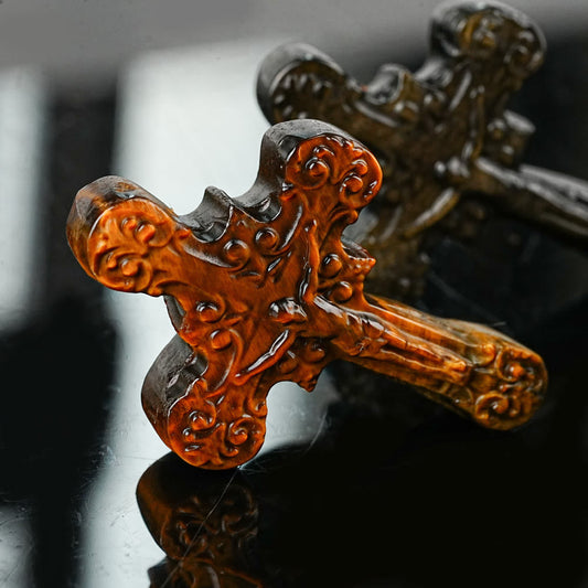 AMUSOUL  Natural Stone Tiger Eye Labradorite Obsidian Lapis Lazuli Scrollwork Crucifix Adornments