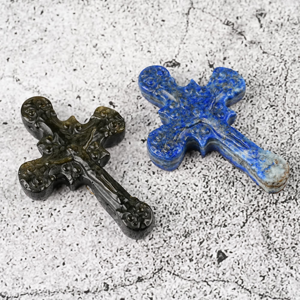 AMUSOUL  Natural Stone Tiger Eye Labradorite Obsidian Lapis Lazuli Scrollwork Crucifix Adornments