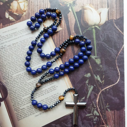 AMUSOUL Cross of 4*8 mm Round Blue Hematite Bluestone Nylon Cord Rosary