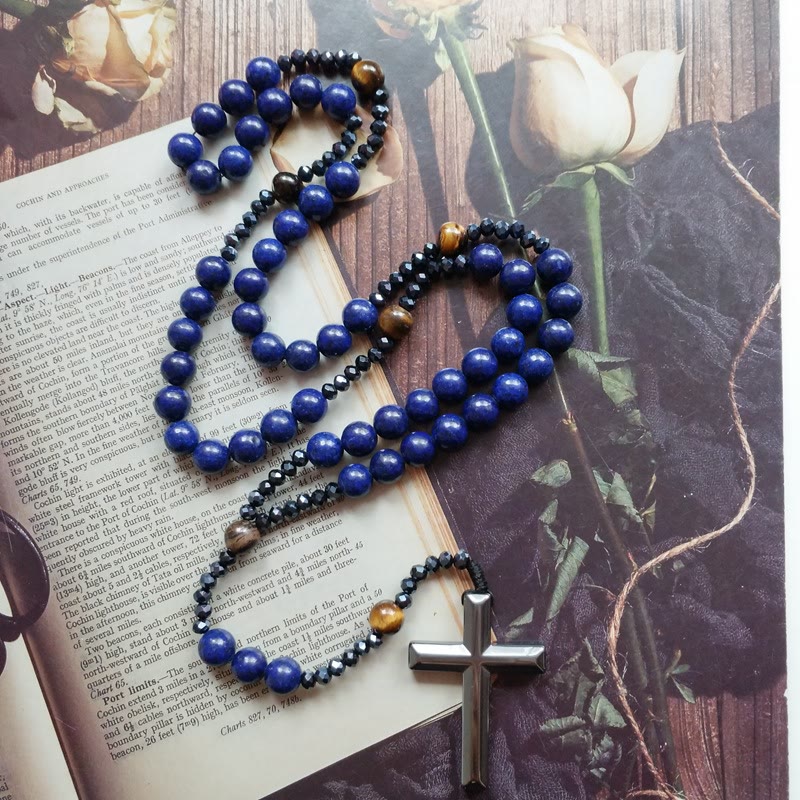 AMUSOUL Cross of 4*8 mm Round Blue Hematite Bluestone Nylon Cord Rosary