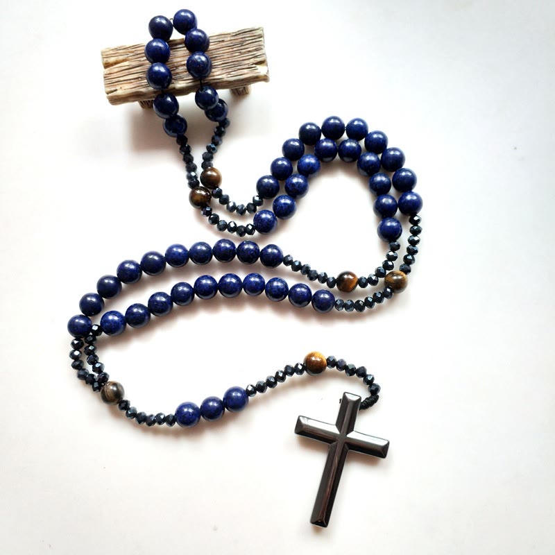 AMUSOUL Cross of 4*8 mm Round Blue Hematite Bluestone Nylon Cord Rosary