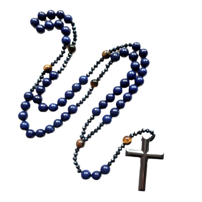 AMUSOUL Cross of 4*8 mm Round Blue Hematite Bluestone Nylon Cord Rosary