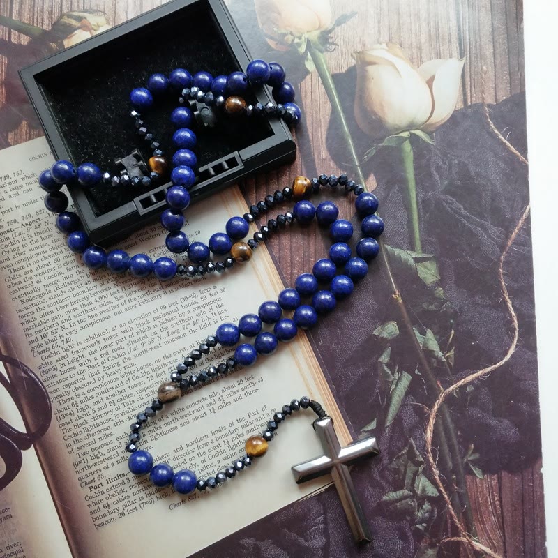 AMUSOUL Cross of 4*8 mm Round Blue Hematite Bluestone Nylon Cord Rosary