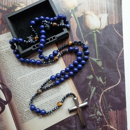 AMUSOUL Cross of 4*8 mm Round Blue Hematite Bluestone Nylon Cord Rosary