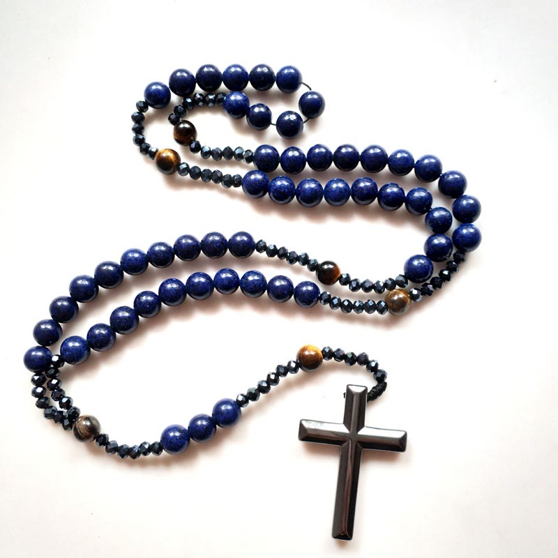 AMUSOUL Cross of 4*8 mm Round Blue Hematite Bluestone Nylon Cord Rosary