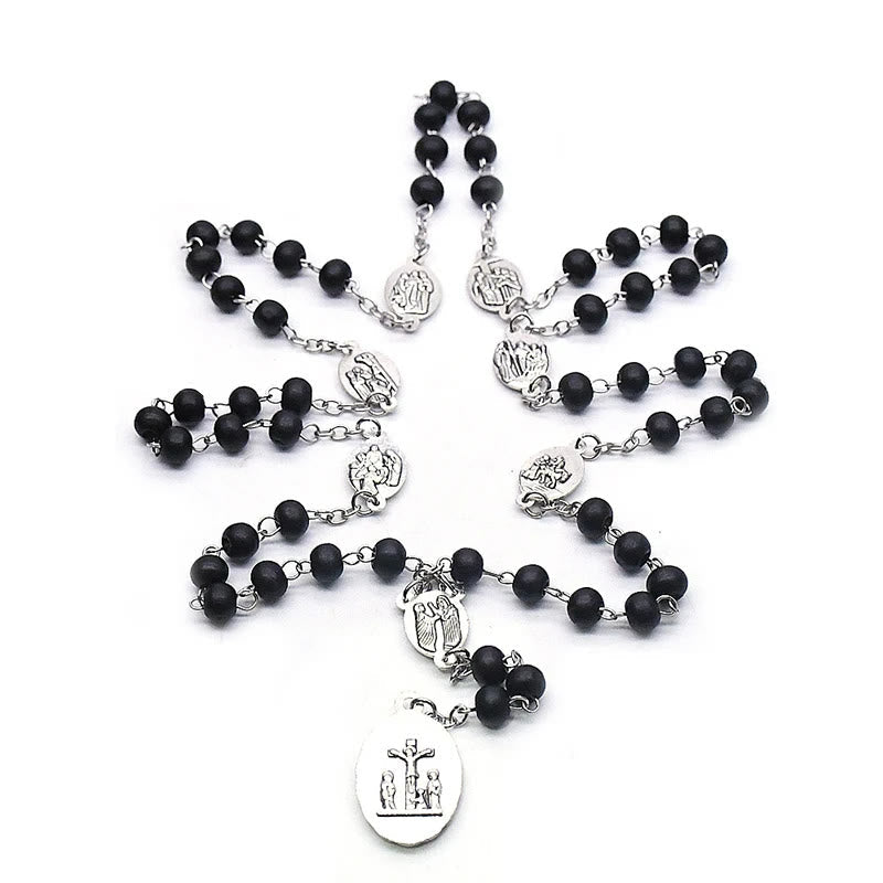 AMUSOUL Our Lady of Sorrows of 6 mm Round Black Acrylic Alloy Chain 7 Sorrows Rosary