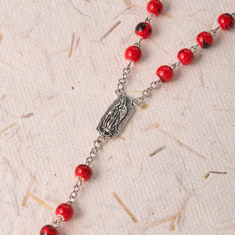 AMUSOUL Our Lady of Guadalupe & Crucifix of 8 mm Round Red Ceramics Alloy Chain Rosary