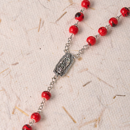 AMUSOUL Our Lady of Guadalupe & Crucifix of 8 mm Round Red Ceramics Alloy Chain Rosary