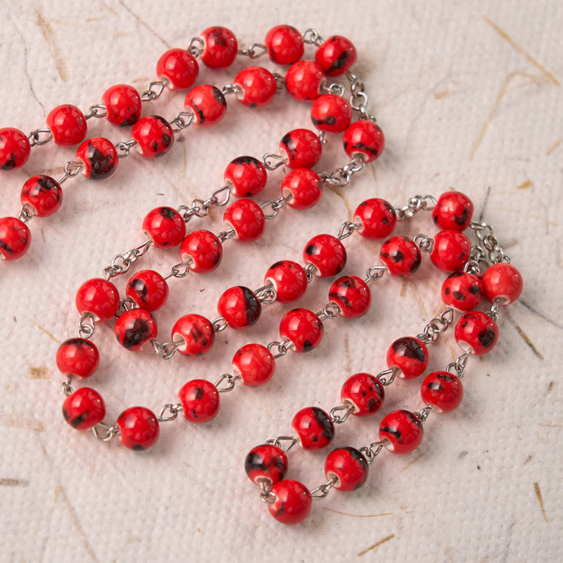 AMUSOUL Our Lady of Guadalupe & Crucifix of 8 mm Round Red Ceramics Alloy Chain Rosary