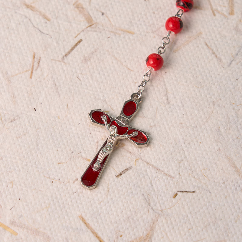 AMUSOUL Our Lady of Guadalupe & Crucifix of 8 mm Round Red Ceramics Alloy Chain Rosary