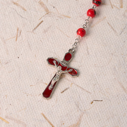 AMUSOUL Our Lady of Guadalupe & Crucifix of 8 mm Round Red Ceramics Alloy Chain Rosary