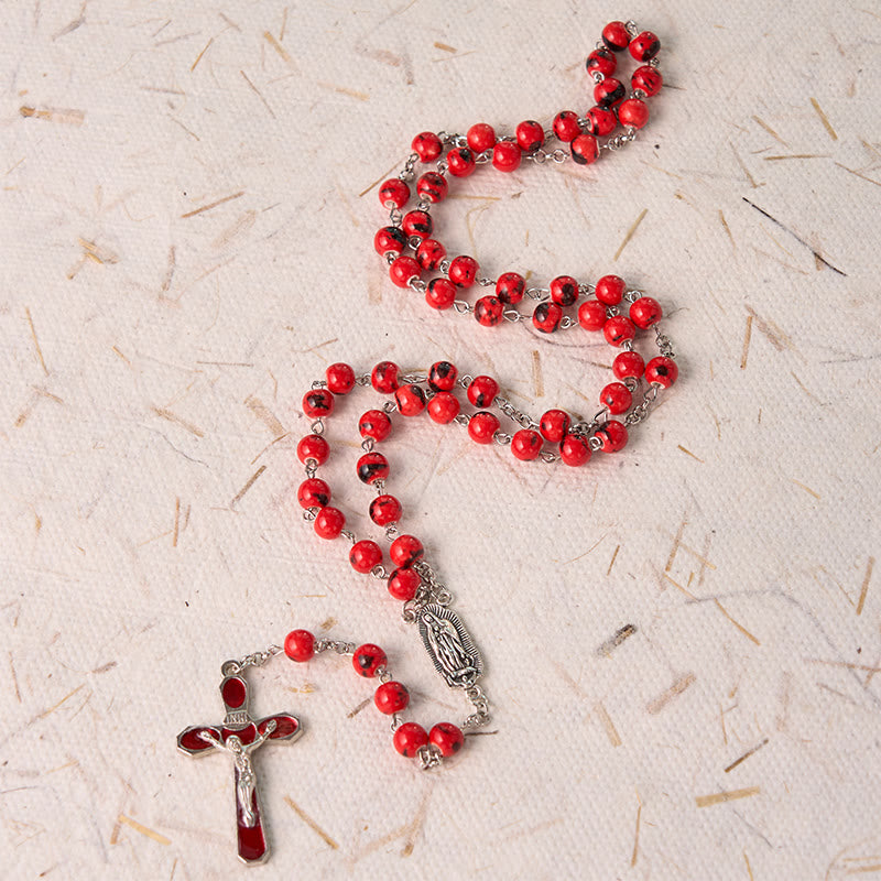 AMUSOUL Our Lady of Guadalupe & Crucifix of 8 mm Round Red Ceramics Alloy Chain Rosary
