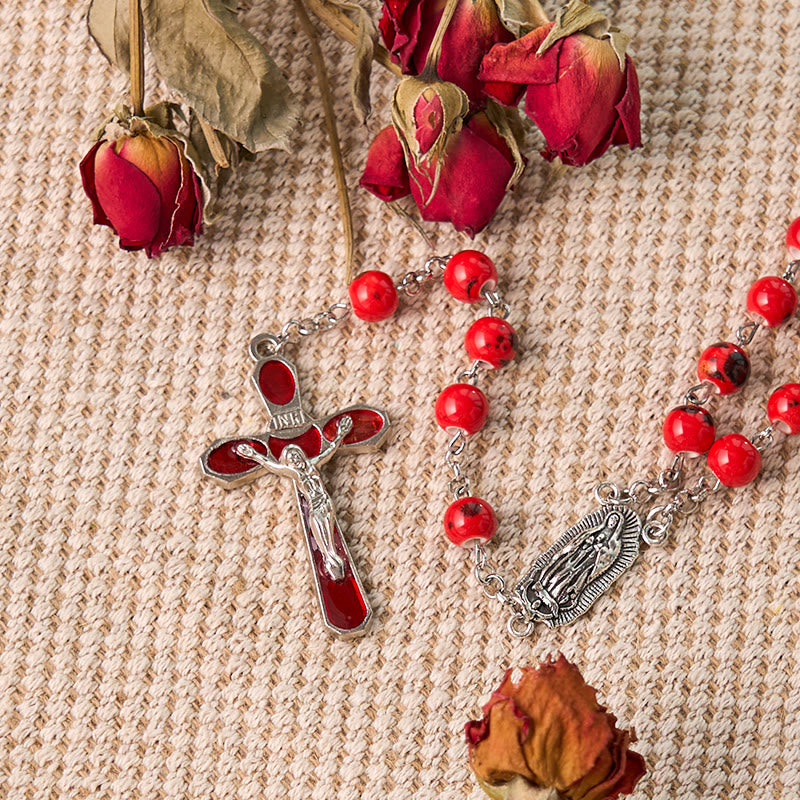 AMUSOUL Our Lady of Guadalupe & Crucifix of 8 mm Round Red Ceramics Alloy Chain Rosary