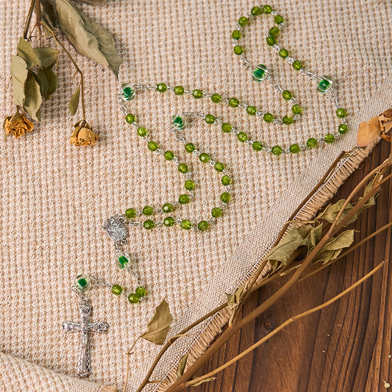 AMUSOUL  Assumption of Virgin Mary & Crucifix of 6 mm Polyhedron Green Crystal Alloy Chain Rosary