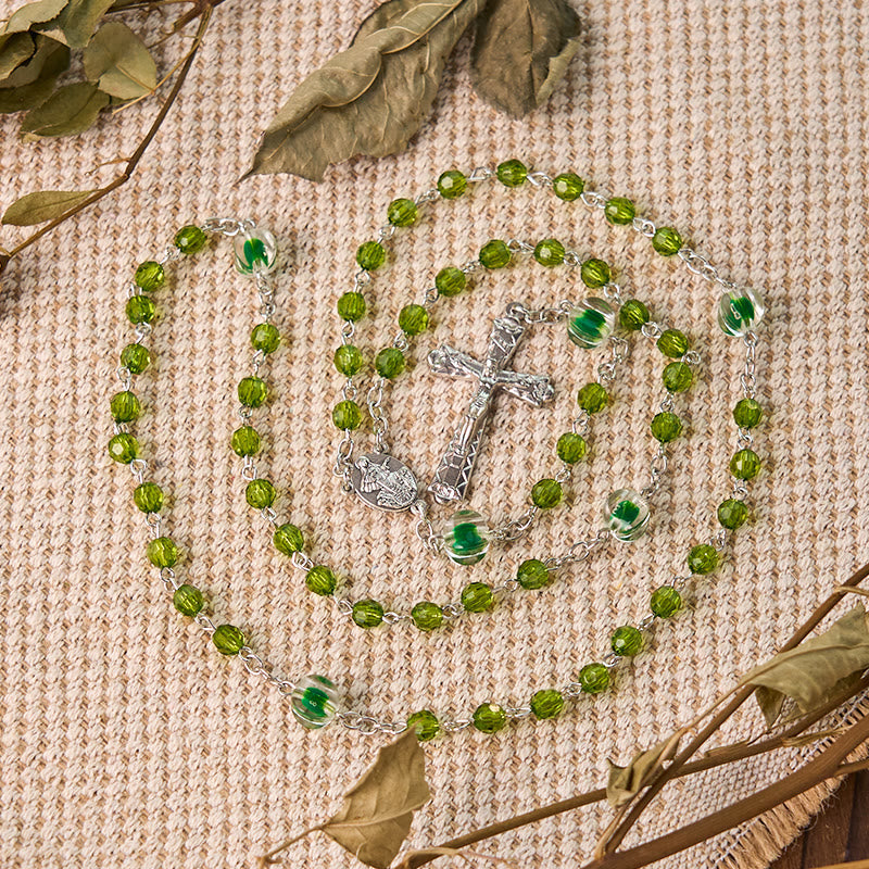 AMUSOUL  Assumption of Virgin Mary & Crucifix of 6 mm Polyhedron Green Crystal Alloy Chain Rosary