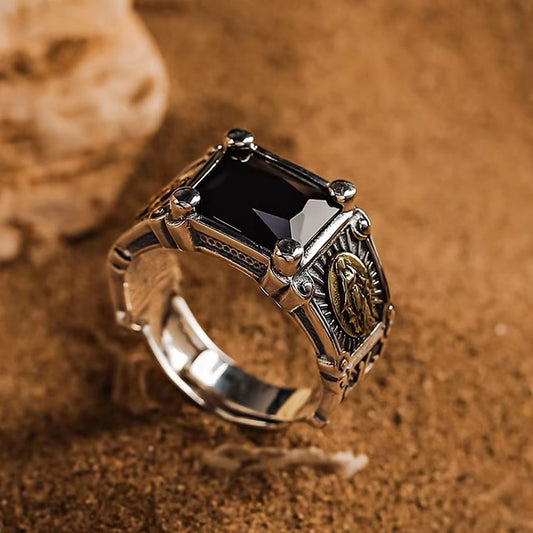 AMUSOUL Modern Style Miraculous Medal Blessed Faith Adjustable Ring