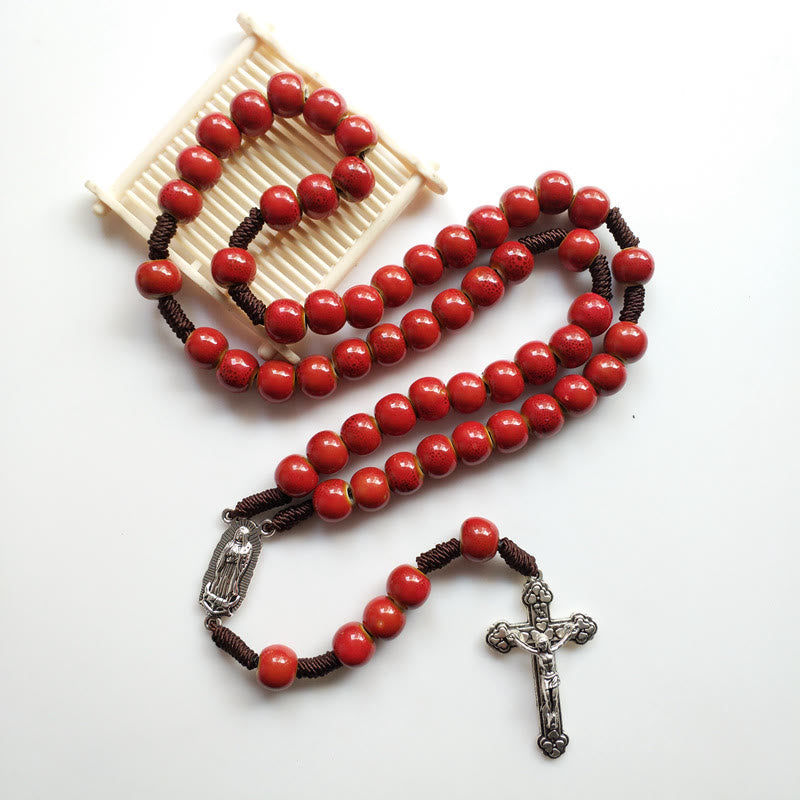 AMUSOUL Our Lady of Guadalupe & Crucifix of 10 mm Round Red Ceramic Nylon Cord Rosary