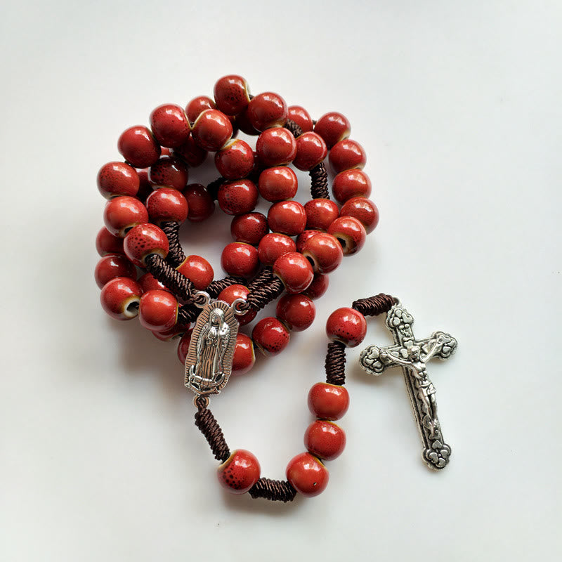 AMUSOUL Our Lady of Guadalupe & Crucifix of 10 mm Round Red Ceramic Nylon Cord Rosary