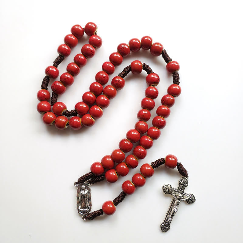 AMUSOUL Our Lady of Guadalupe & Crucifix of 10 mm Round Red Ceramic Nylon Cord Rosary