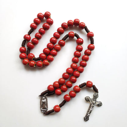 AMUSOUL Our Lady of Guadalupe & Crucifix of 10 mm Round Red Ceramic Nylon Cord Rosary