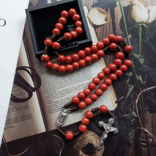 AMUSOUL Our Lady of Guadalupe & Crucifix of 10 mm Round Red Ceramic Nylon Cord Rosary