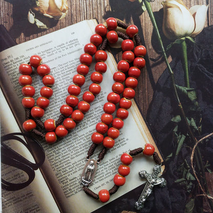 AMUSOUL Our Lady of Guadalupe & Crucifix of 10 mm Round Red Ceramic Nylon Cord Rosary