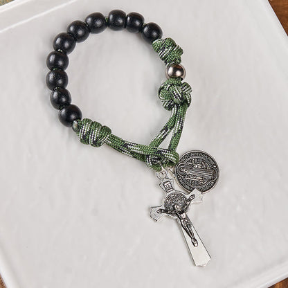 AMUSOUL St. Benedict Medal & Crucifix of 10 mm Round Black Wood Green Paracord Pocket Rosary