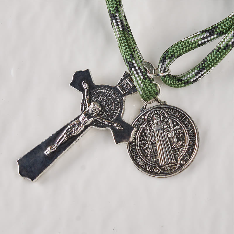 AMUSOUL St. Benedict Medal & Crucifix of 10 mm Round Black Wood Green Paracord Pocket Rosary