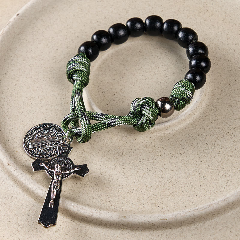 AMUSOUL St. Benedict Medal & Crucifix of 10 mm Round Black Wood Green Paracord Pocket Rosary