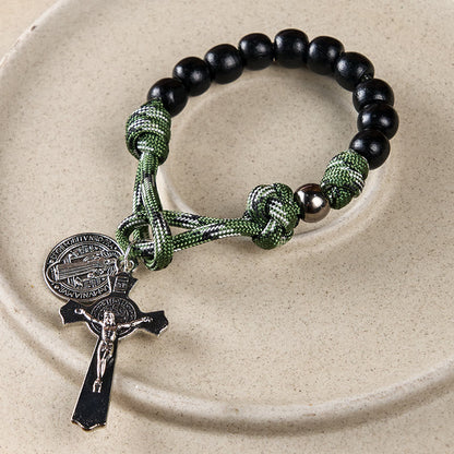 AMUSOUL St. Benedict Medal & Crucifix of 10 mm Round Black Wood Green Paracord Pocket Rosary
