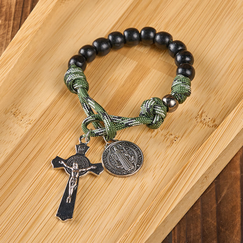 AMUSOUL St. Benedict Medal & Crucifix of 10 mm Round Black Wood Green Paracord Pocket Rosary