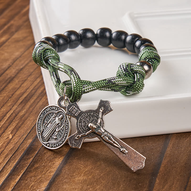 AMUSOUL St. Benedict Medal & Crucifix of 10 mm Round Black Wood Green Paracord Pocket Rosary