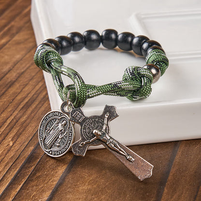 AMUSOUL St. Benedict Medal & Crucifix of 10 mm Round Black Wood Green Paracord Pocket Rosary