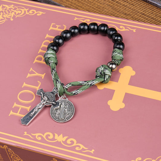 AMUSOUL St. Benedict Medal & Crucifix of 10 mm Round Black Wood Green Paracord Pocket Rosary