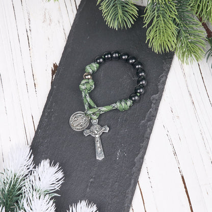 AMUSOUL St. Benedict Medal & Crucifix of 10 mm Round Black Wood Green Paracord Pocket Rosary