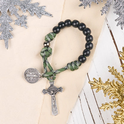 AMUSOUL St. Benedict Medal & Crucifix of 10 mm Round Black Wood Green Paracord Pocket Rosary
