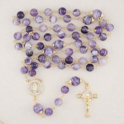 AMUSOUL Our Lady of Guadalupe & Crucifix of 8mm Round Purple Crystal Rosary