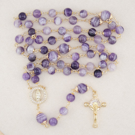 AMUSOUL Our Lady of Guadalupe & Crucifix of 8mm Round Purple Crystal Rosary