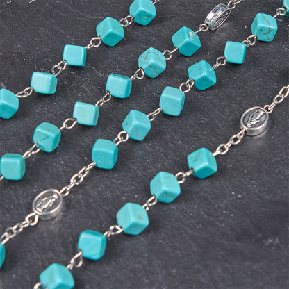 AMUSOUL 2 Style Irregular Beads Turquoise Alloy Chain Rosary with Our Lady/St. Benedict Medal