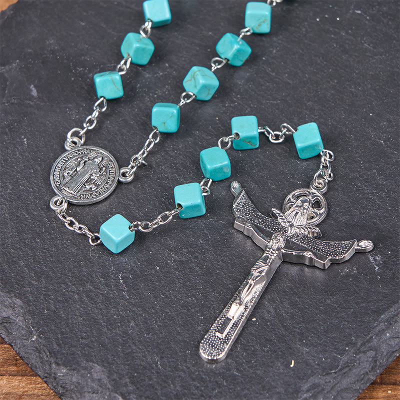 AMUSOUL 2 Style Irregular Beads Turquoise Alloy Chain Rosary with Our Lady/St. Benedict Medal