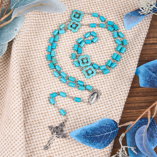 AMUSOUL 2 Style Irregular Beads Turquoise Alloy Chain Rosary with Our Lady/St. Benedict Medal